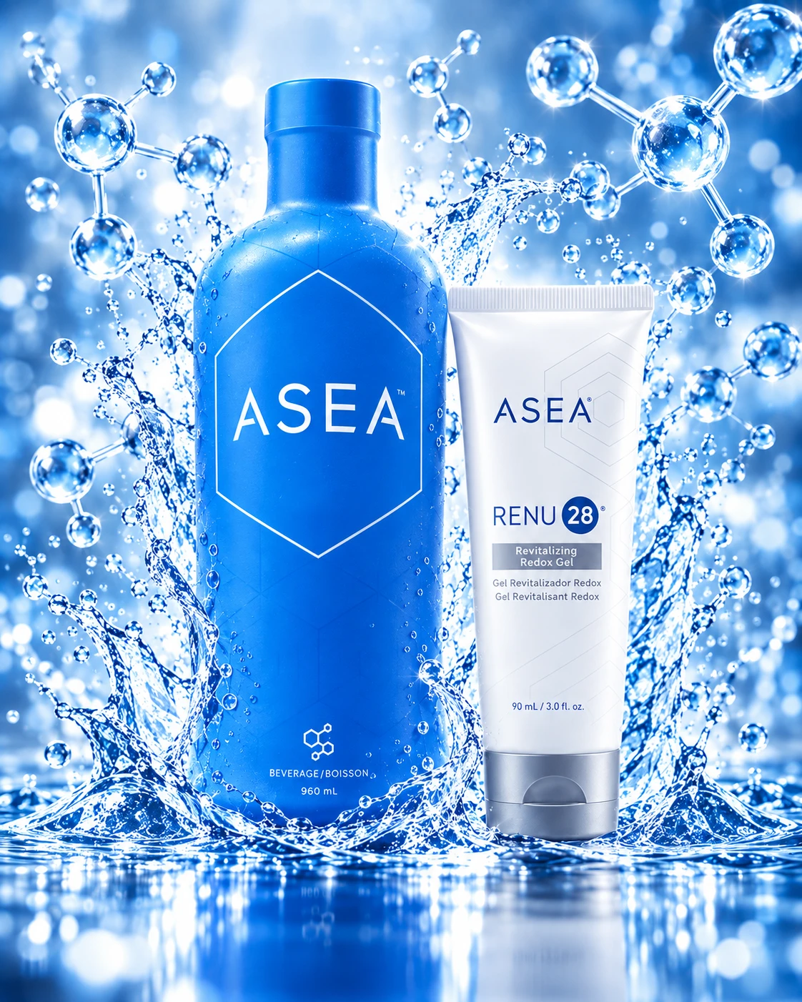 Original Canadian ASEA beverage bottle and RENU 28 gel with dramatic water and molecular imagery