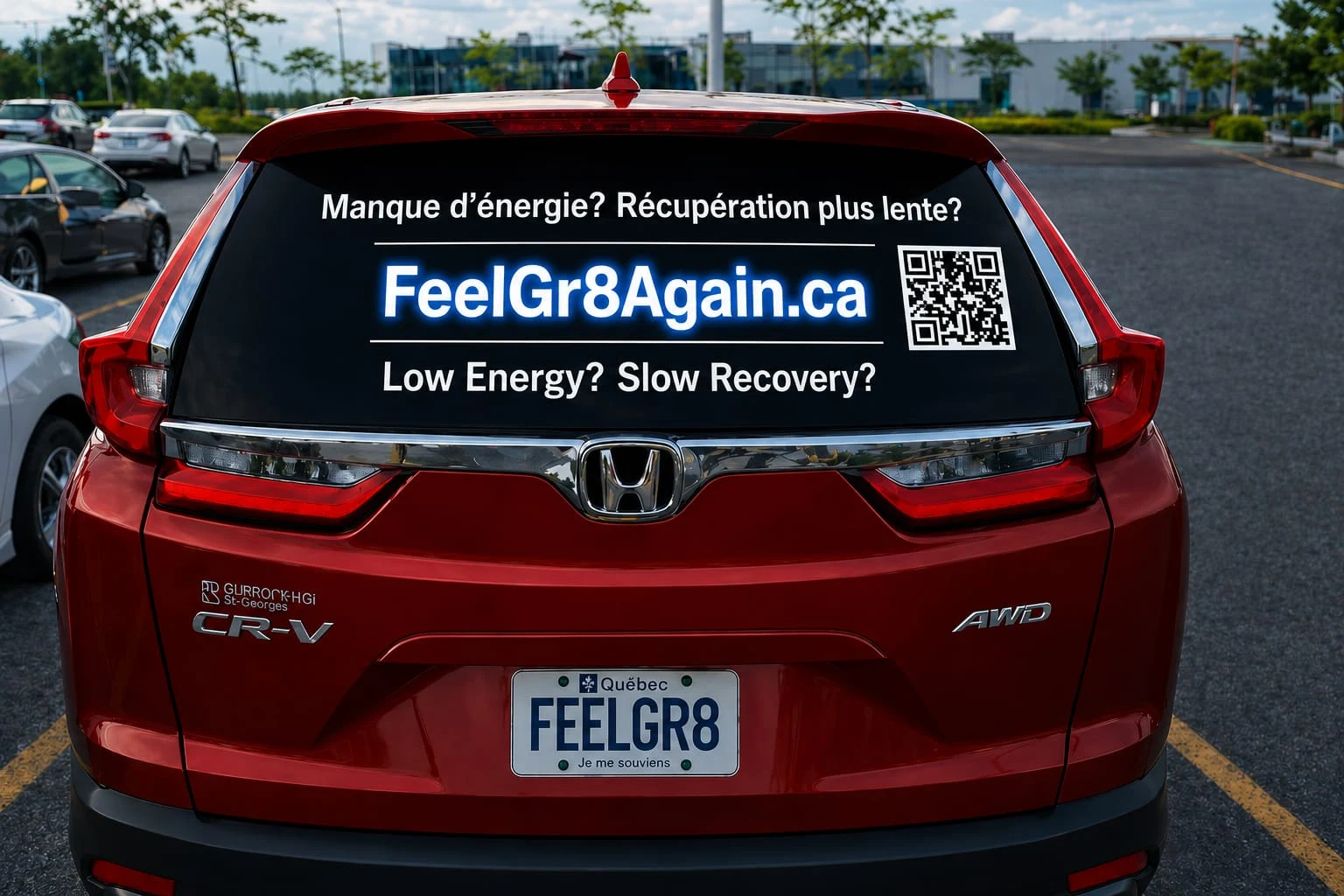 Honda CR-V rouge de Darryl avec lettrage bilingue FeelGr8Again et plaque FEELGR8