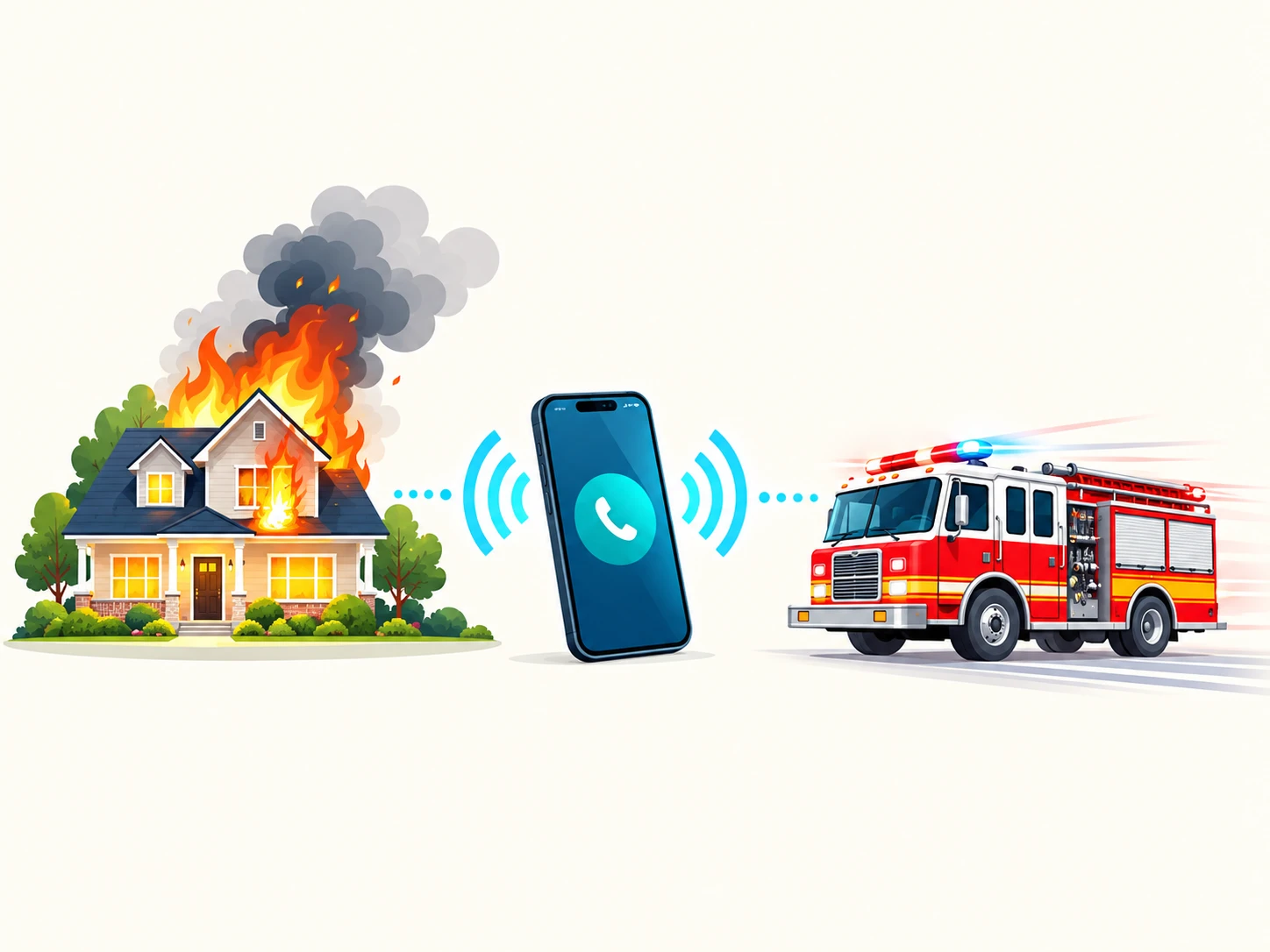 A burning house, a phone sending a signal, and a fire truck responding toward the emergency